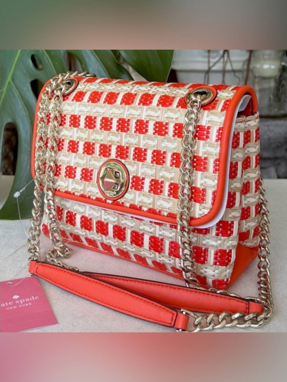KATE SPADE Natalia small flap straw + leather combo crossbody bag